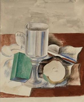 パブロ・ピカソ Painting - ガラスとリンゴのある静物画 1914年 パブロ・ピカソ